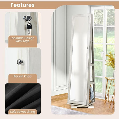 GOFLAME 360° Rotating Jewelry Armoire, Lockable Jewelry Cabinet with Full-Length Mirror & Inner Makeup Mirror, Standing Jewelry Storage Organizer with Rear Storage Shelves, White