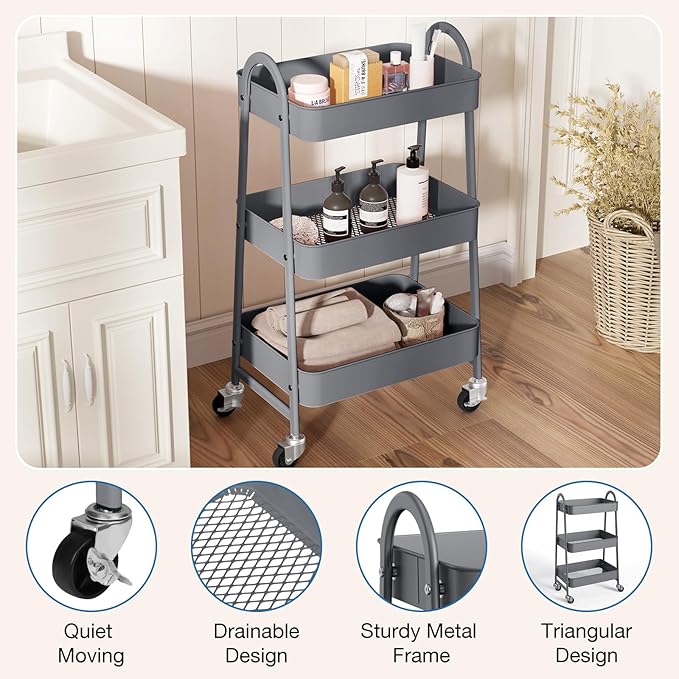 OLIXIS Metal 3 Tiers Utility Rolling Cart, Mobile Storage Shelf with Lockable Caster Wheels, Organization for Livingroom, Bathroom & Narrow Places, Gray
