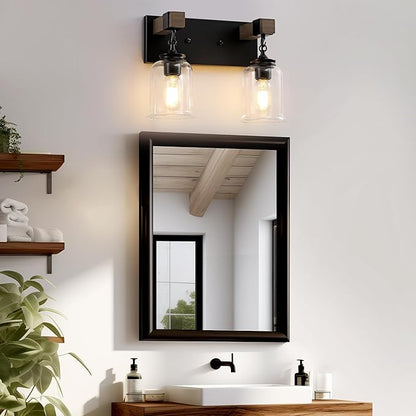 Farmhouse Bathroom Light Fixtures, 2 Light Black Vanity Light, Industrial Style with Clear Glass Shades, Rustic Wood Bathroom Lighting Fixtures Over Mirror for Bedroom, Living Room