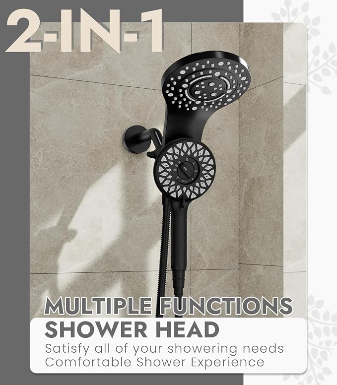 Dual Shower Heads with Handheld Spray Combo, High Pressure 2 in 1 Rainfall Shower Heads with 9 Spray Modes, Magnetic Double Showerhead-Black