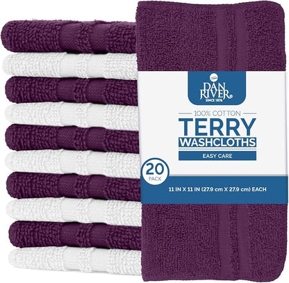 DAN RIVER 100% Cotton Washcloths 20 Pack Premium Quality Face and Body Cloth, Quick Dry Essential Towels for Bathroom, Hand, Kitchen & Cleaning, Baby Washcloths | 11X11 in|400 GSM|Purple Passion+White