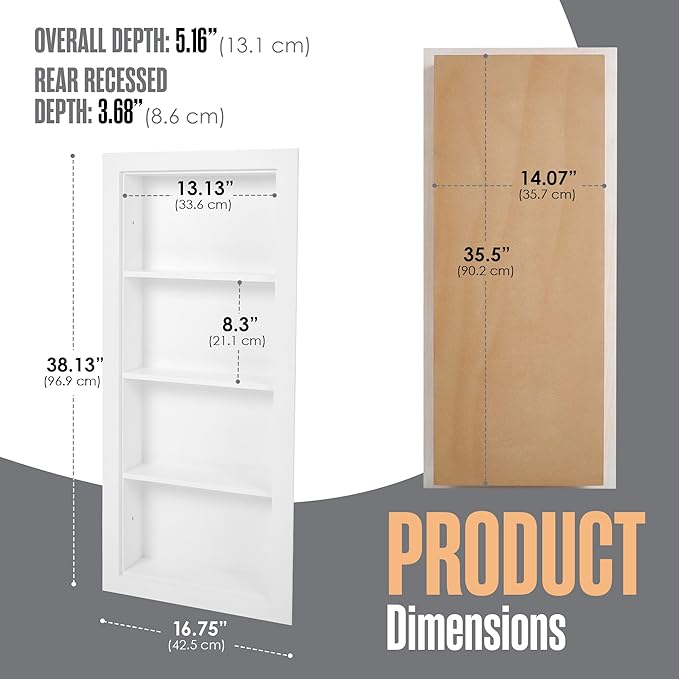 Houseables Recessed Medicine Cabinet, Recessed Wall Niche, Medicine Cabinet Insert, Bathroom Niche, In Wall Shelf, Insert for Drywall, Between Studs Shelf Replacement, Without No Mirror, 14x36 (17x38)