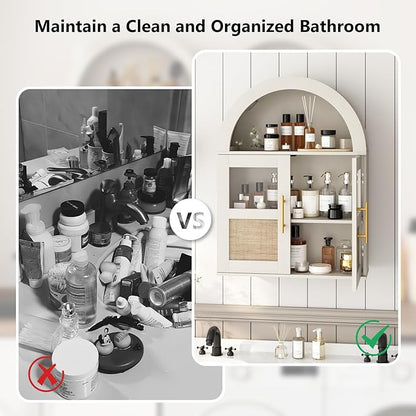 RUSTOWN Arched Bathroom Wall Cabinet with 2 Glass & Rattan Doors | Rattan Medicine Cabinet, Farmhouse Over the Toilet Storage Cabinet, Adjustable Shelves, 3-Tier Wall Mounted Cabinets