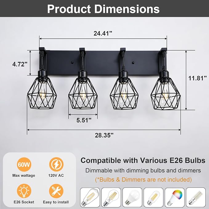 Somniferous 4 Light Bathroom Vanity Light, Farmhouse Bathroom Light Fixtures Over Mirror, Black Vanity Light with Caged Metal Shade, Rustic Wall Light Fixture for Bedroom, Living Room, E26 Socket