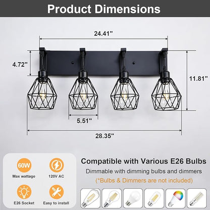 Somniferous 4 Light Bathroom Vanity Light, Farmhouse Bathroom Light Fixtures Over Mirror, Black Vanity Light with Caged Metal Shade, Rustic Wall Light Fixture for Bedroom, Living Room, E26 Socket