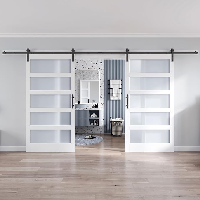 Double 42×84 Inch Glass Barn Door Slab and 14ft Hardware Kit Included, 5 Frosted Glass, LVL Wood Panel Covered with White Water-Proof Scratch-Proof PVC Surface, Simple DIY Assembly