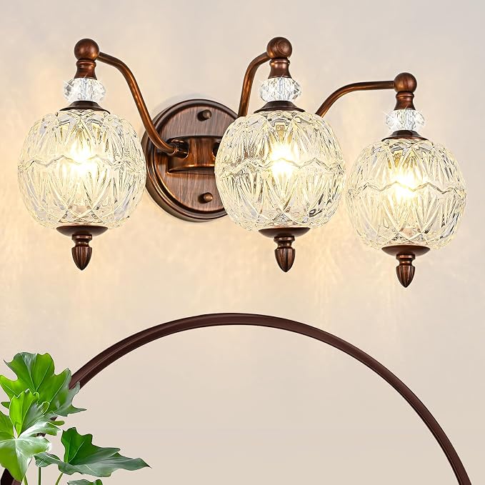 Vintage Bathroom Vanity Light, 3-Light Mid Century Antique Red Bronze Finish Wall Sconce with Globe Glass Shades, Retro Mirror Light for Bathroom, Powder Room