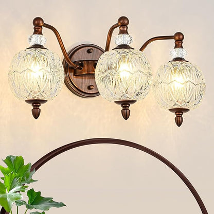 Vintage Bathroom Vanity Light, 3-Light Mid Century Antique Red Bronze Finish Wall Sconce with Globe Glass Shades, Retro Mirror Light for Bathroom, Powder Room