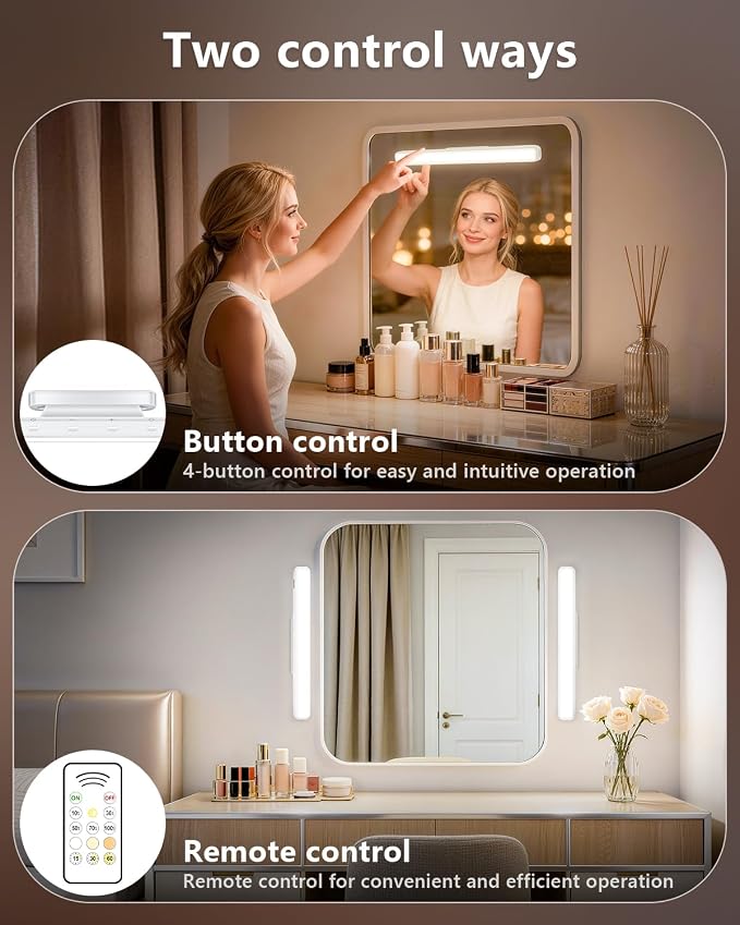 WILLED 3W Rechargeable Vanity Lights for Mirror with Remote Control，Eye-Friendly Mirror Lights Stick on,Adjustable Color Temperatures Makeup Light with Battery Display for Bedroom, Bathroom(2 Pack)