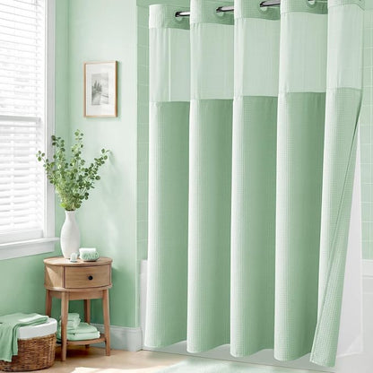 Mint Green Hook Free Waffle Shower Curtain & Snap-in Liner,72x75 | Less Time to install, 3 in 1 Fabric Shower Curtain and Liner Set with Magnets, Mesh Top Window, Shower Curtains for Bathroom