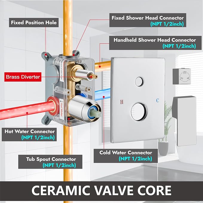 Midanya Shower System with Tub Spout,8 Inch Shower Head,Polish Chrome | with Valve & Trim Kit,Square Rain Head,Handheld Sprayer,Waterfall Spout,All Metal Wall Mount Bathroom Shower Tub Faucet Set