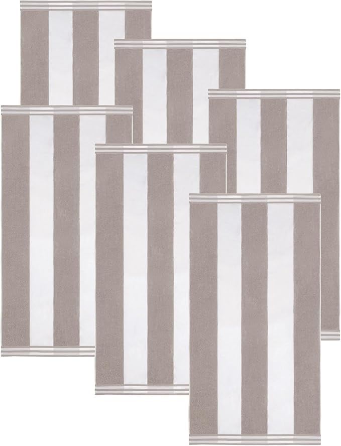 Superior Cotton Striped Beach Towels, Colorful Towels for Adult, Kid, Pool, Swimming, Sand, Travel, Large Oversized, Absorbent, Fast Drying, Bath Basics, Cabana Collection, Set of 6, Light Grey