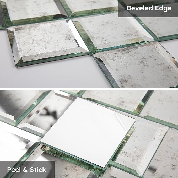 Peel and Stick Mirror Backsplash, Light Antique, 3x3 Inch, Beveled Mirror Square Kitchen Bar Wall Tile (2 Sq.ft, 32 Pcs)