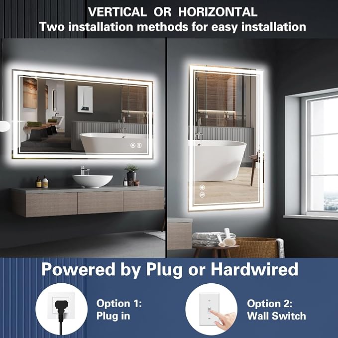 48“ x 28” LED Bathroom Mirror with Lights Anti-Fog Dimmable 3 Colors LED Mirror for Bathroom Memory Function Smart Mirror Wall Mounted Horizontal/Vertical