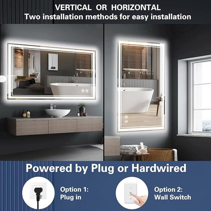 48“ x 28” LED Bathroom Mirror with Lights Anti-Fog Dimmable 3 Colors LED Mirror for Bathroom Memory Function Smart Mirror Wall Mounted Horizontal/Vertical