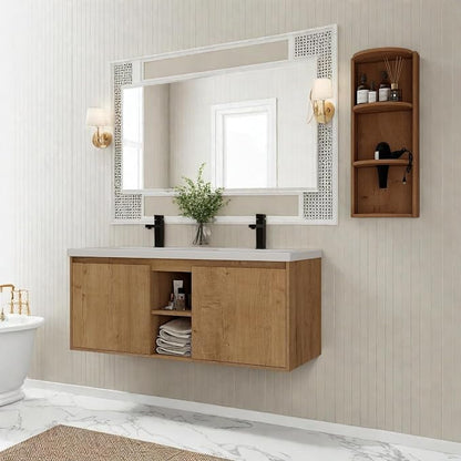 Floating Bathroom Vanity, 48" Bathroom Storage Cabinet with Double Resin Sinks, 2 Soft-Close Doors & 2 Open Storage Shelves, Wall-Mounted Vanity with Extra Three-Layer Spacious Shelves, Oak