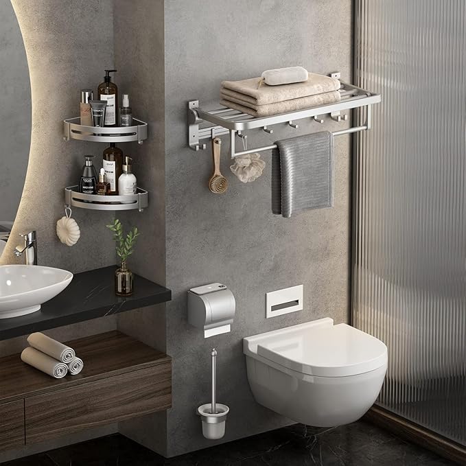 Towel Rack Wall Mount for Bathroom with Towel Bar and Hooks 23.6 in Foldable Towel Shelf Lavatory Towel Organizer Matte Silver