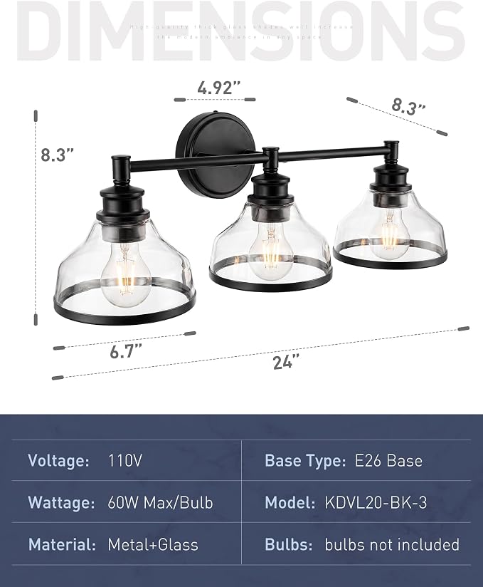 kudos 3-Light Matte Black Vanity Light, Clear Glass Shade | 24" bathroom light fixtures over mirror, upward or downward, E26 base, bulbs not included, Hardwired, KDVL20-BK-3