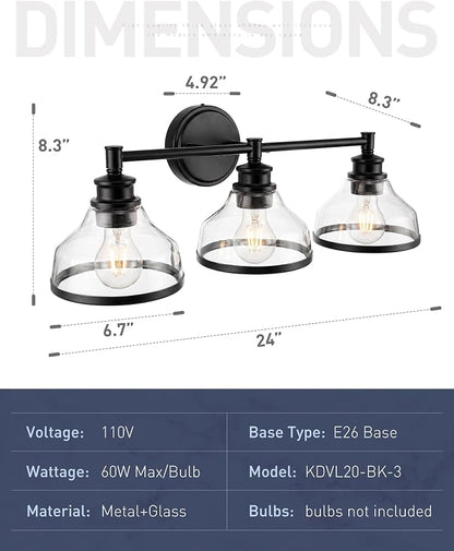 kudos 3-Light Matte Black Vanity Light, Clear Glass Shade | 24" bathroom light fixtures over mirror, upward or downward, E26 base, bulbs not included, Hardwired, KDVL20-BK-3