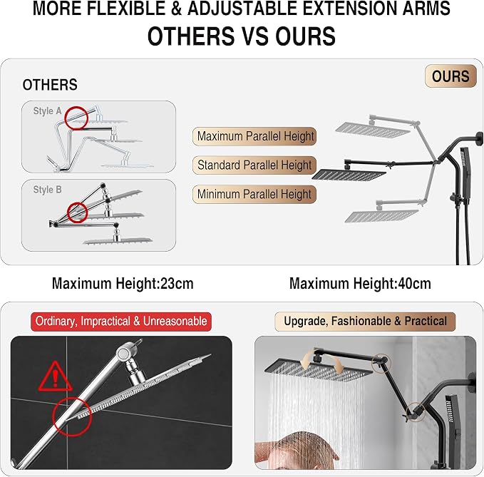 All Metal 10 Inch Rain Shower Head with Handheld Built-in Power Wash Mode, High Pressure Waterfall Rainfall Square Shower Heads with 16" Adjustable Extension Arm, Dual Showerhead, Matte Black