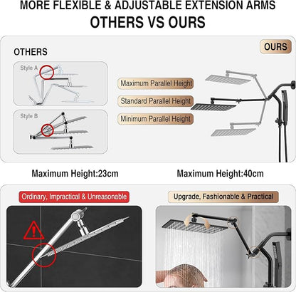 All Metal 10 Inch Rain Shower Head with Handheld Built-in Power Wash Mode, High Pressure Waterfall Rainfall Square Shower Heads with 16" Adjustable Extension Arm, Dual Showerhead, Matte Black