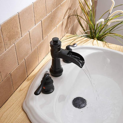 3 Hole 8 Inch Widespread Bathroom Sink Faucet Black Two Handles | Waterfall Spout,Lead-free,With Pop Up Drain and Supply Lines, Classic Farmhouse Retro, Stain Resistant Coating