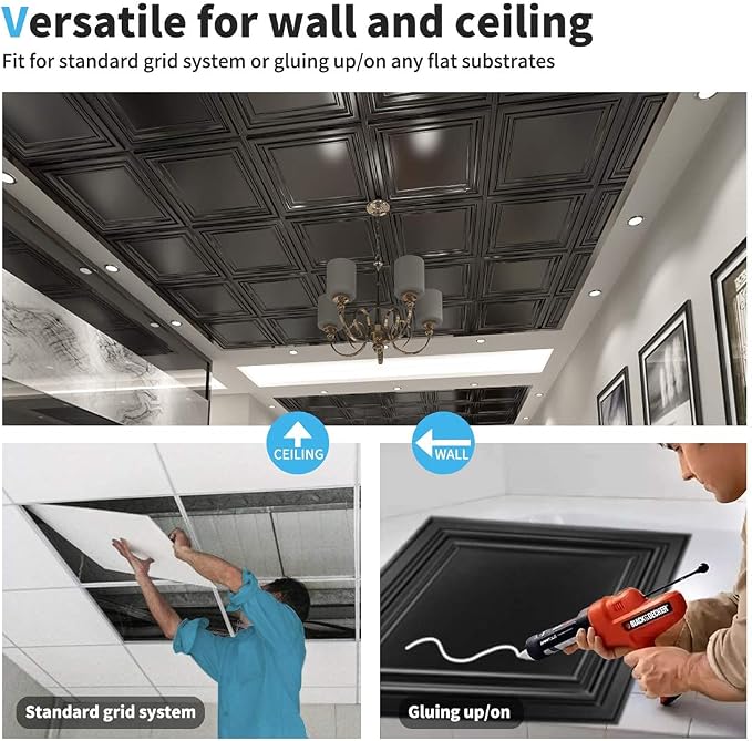 Art3d PVC Ceiling Tiles, 3D Plastic Sheet in Black, 2 x 2 ft, 12-Pack | Lightweight, Waterproof, No Sag and Breakage, Compatible with Grid System, Perfect for Basement, Kitchen