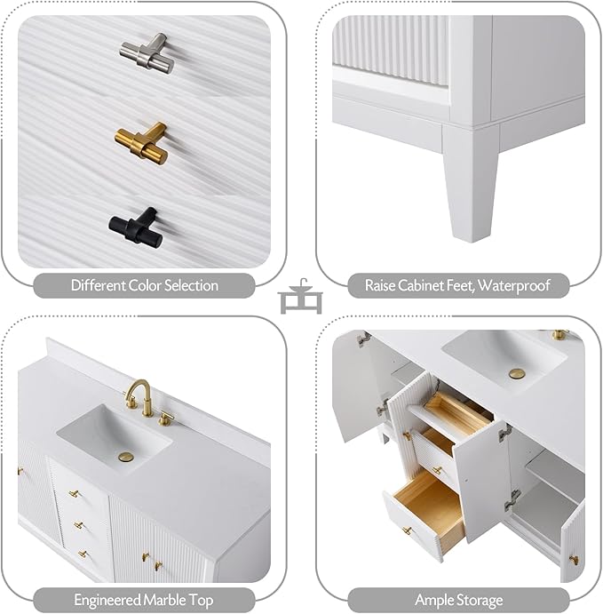 Vanity Art 60" Bathroom Vanity with Single Sink & Arabescato White Engineered Stone Top, Vanity Cabinet with Soft Closing Door, Solid Wood Frame, Golden Brushed Handles, White VA8160S-W-GB