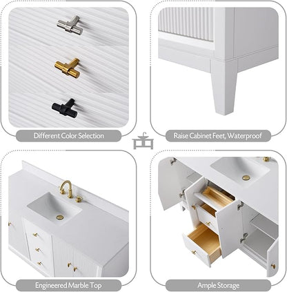 Vanity Art 60" Bathroom Vanity with Single Sink & Arabescato White Engineered Stone Top, Vanity Cabinet with Soft Closing Door, Solid Wood Frame, Golden Brushed Handles, White VA8160S-W-GB