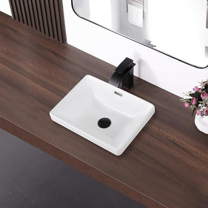 Small Bathroom Vessel Sink 16.7'' x 12.6'' Semi Recessed Bathroom Sink Rectangular Drop-in Vanity Sink with Overflow White Ceramic Modern Art Basin