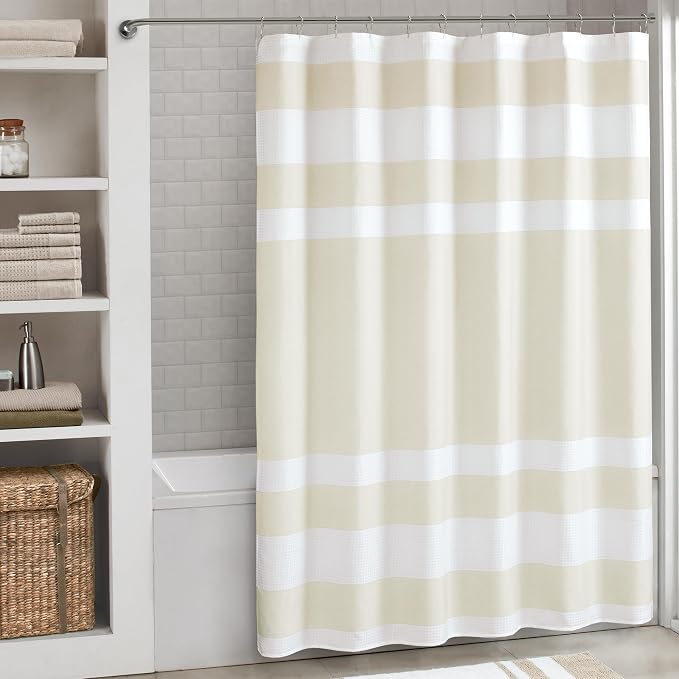 Madison Park Spa Waffle Weave Extra Long Shower Curtain, 72 x 84, Cream | Striped, Pieced Fabric Design, 3M Scotchgard Moisture Management, Hotel Quality, Modern, for Bathroom, OEKO-TEX Certified