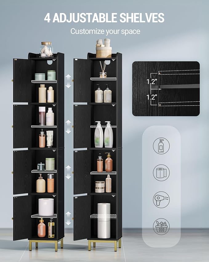 Hzuaneri 4-Tier Narrow Tall Storage Cabinet | Slim Bathroom Storage Cabinet with 4 Adjustable Feet and Shelves, for Living Room, Laundry Room, Black,11"D x 11"W x 70.9"H