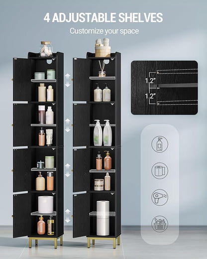 Hzuaneri 4-Tier Narrow Tall Storage Cabinet | Slim Bathroom Storage Cabinet with 4 Adjustable Feet and Shelves, for Living Room, Laundry Room, Black,11"D x 11"W x 70.9"H