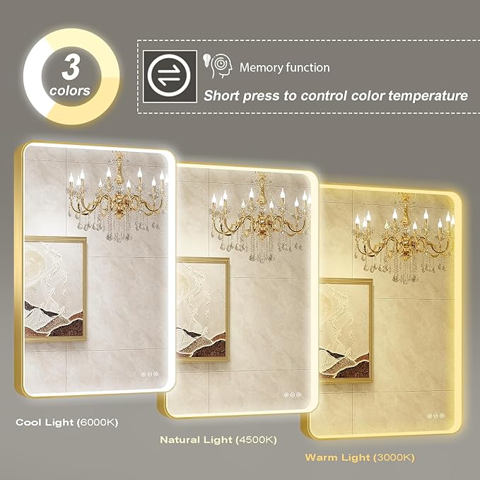 LED Mirror for Bathroom 30X36 Inch Gold Framed with Anti-Fog, Stepless Dimmable, Front Lit, LED Bathroom Vanity Mirror for Wall, Memory Function, Shatter-Proof