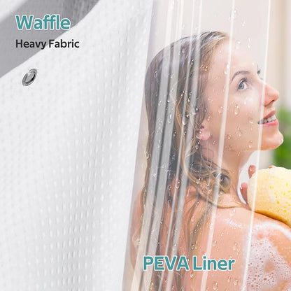 3 in 1 Shower Curtain Set, Waffle Shower Curtain and Liner Set with 12 Double Sided Shower Curtain Hooks, 258GSM Luxury Weighted Cloth Shower Curtains for Bathroom, 72 W x 84 H, White