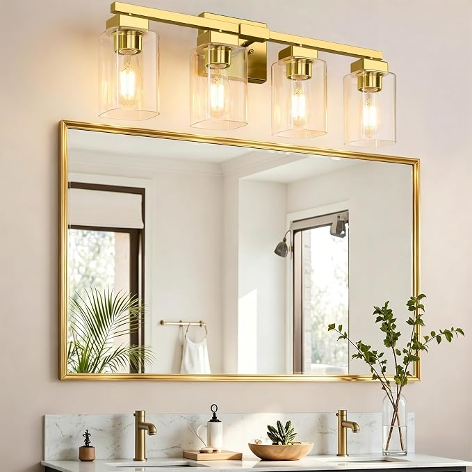 27” Bathroom Light Fixtures Over Mirror, 4-Light Gold Vanity Light | Square Clear Glass & Durable Metal, Quick & Easy Installation, Standard E26 Socket, Bright Bathroom Lighting