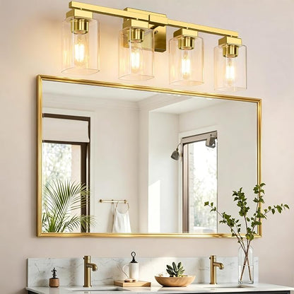 27” Bathroom Light Fixtures Over Mirror, 4-Light Gold Vanity Light | Square Clear Glass & Durable Metal, Quick & Easy Installation, Standard E26 Socket, Bright Bathroom Lighting