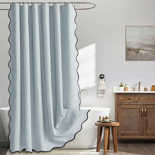 MIULEE Light Blue Scalloped Linen Shower Curtain 72x72 Inches | Linen Textured, Waterproof, Washable, 12 Metal Hooks, Heavy Duty Cloth, Black Border, Shower Curtain for Bathroom Bathtub