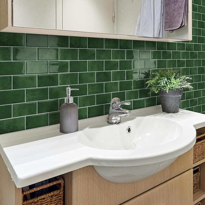Green Peel and Stick Backsplash Subway Tile for Kitchen 10-Sheet | Thick,Self Adhesive,Wall,Sticky,Brick,for Bathroom,Laundry,Sink,12"×12"