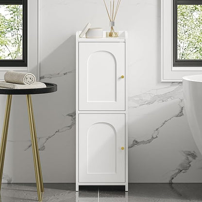 Bathroom Storage Cabinet, Small Corner Floor Cabinet with 2 Doors and Adjustable Shelf, Narrow Toilet Paper Cabinets, Bathroom Organizer for Small Spaces, 7.9" D x 9.8" W x 29.5" H White