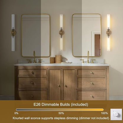 30" 2 Lights Hardwired Frosted Glass 2 PC Bathroom Wall Sconces, Handmade Knurled Brass Wall Light Fixture,Modern Vanity Light for Living Room,Hallway, Bedroom, Indoor Sconces
