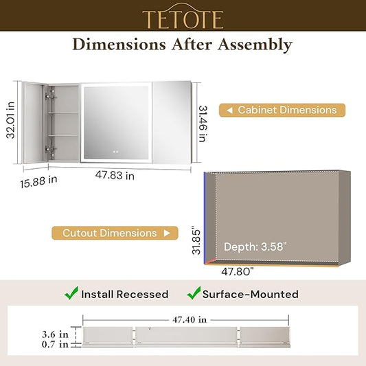 TETOTE 48 x 32 Lighted Bathroom Medicine Cabinet with Adjustable Shelves, Silver Aluminum Cabinet, Anti-Fog Stepless Dimmable 3 Colors White/Warm/Natural, Easy to Install(Wall Mount/Recessed)