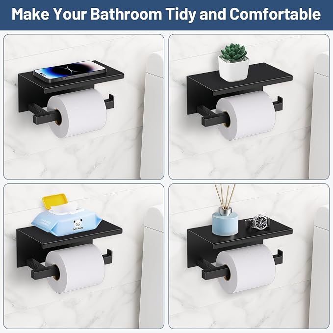 TURS 5-Pieces Matte Black Bathroom Hardware Accessories Set 23.6" Towel Bar Set Wall Mounted Square Toilet Paper Holder with Shelf Stainless Steel