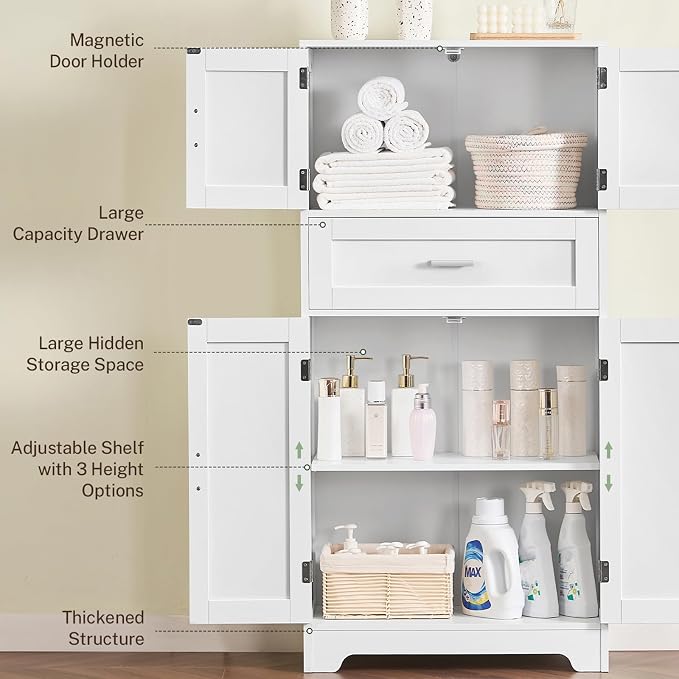 TEENFON Bathroom Storage Cabinet with Adjustable Shelf & Large Drawer | Tall Storage Cabinet with 4 Doors, Kitchen Pantry Storage Cabinets, for Living Room, Dining Room, Entryway, White