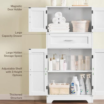 TEENFON Bathroom Storage Cabinet with Adjustable Shelf & Large Drawer | Tall Storage Cabinet with 4 Doors, Kitchen Pantry Storage Cabinets, for Living Room, Dining Room, Entryway, White