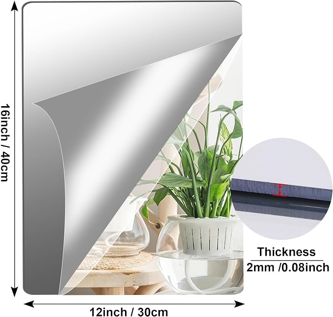 JUNEBRUSHS 8 Pack Self Adhesive Acrylic Mirror, 12x16 Inch Mirror Tiles | Flexible Sheets Wall Stickers, Frameless Small Mirror, 2MM Thick Mirror