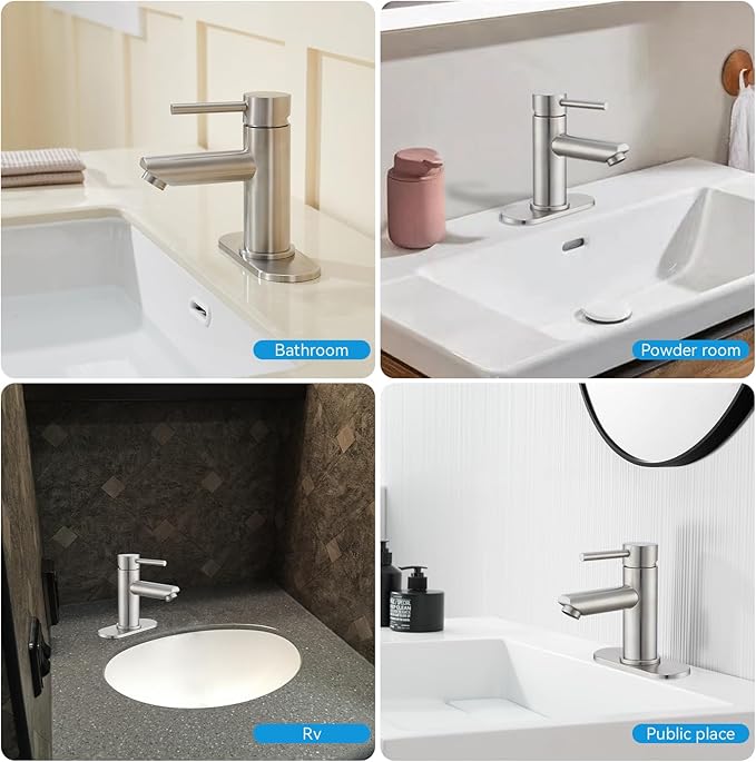 Brushed Nickel Bathroom Faucets Stainless Steel Single Handle Bathroom Sink Faucets 1 Hole or 3 Holes with Pop-up Drain for RV Vanity