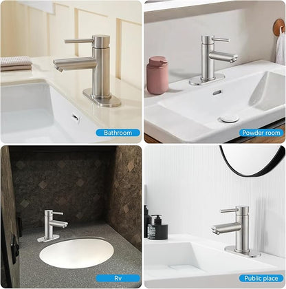 Brushed Nickel Bathroom Faucets Stainless Steel Single Handle Bathroom Sink Faucets 1 Hole or 3 Holes with Pop-up Drain for RV Vanity