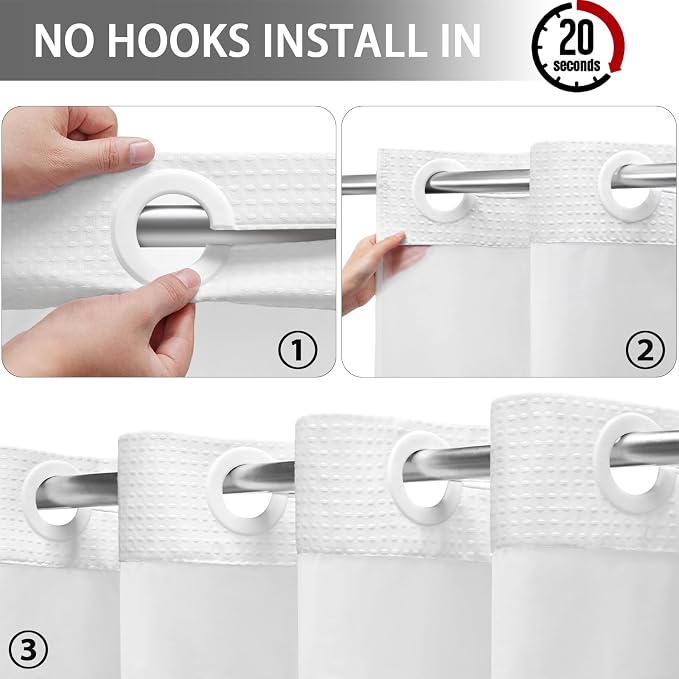 No Hook Shower Curtain with Fabric Liner White Hotel Waffle 75" L x 72" W,PEVA Frosted Window