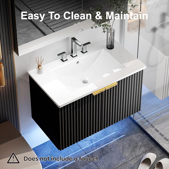 30" Bathroom Vanity with Sink, Modern Wall Mounted Floating Vanity Cabinet, Modern Bathroom Sinks with LED Light, Metal Handle & Double Soft-Close Doors, Black